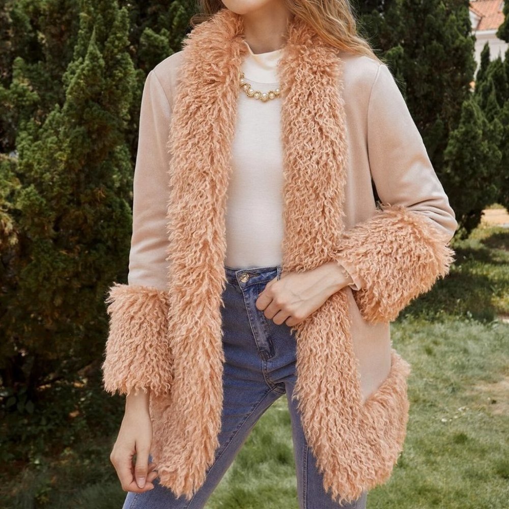 boho faux fur faux leather edge detailing coat jacket - Picture 8 of 12